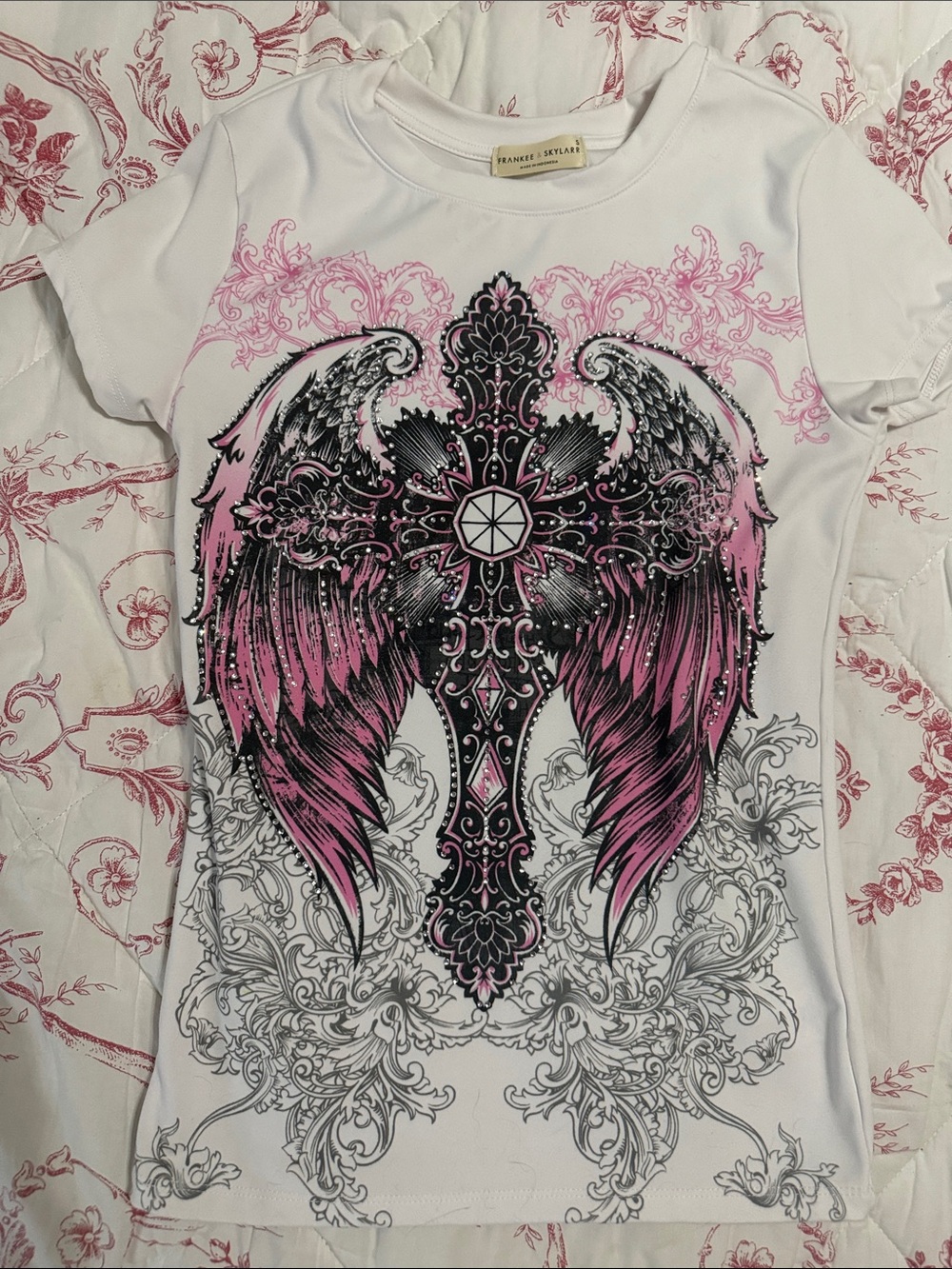 XOXO White Short Sleeve Tee with Pink and Black Winged Cross Graphic